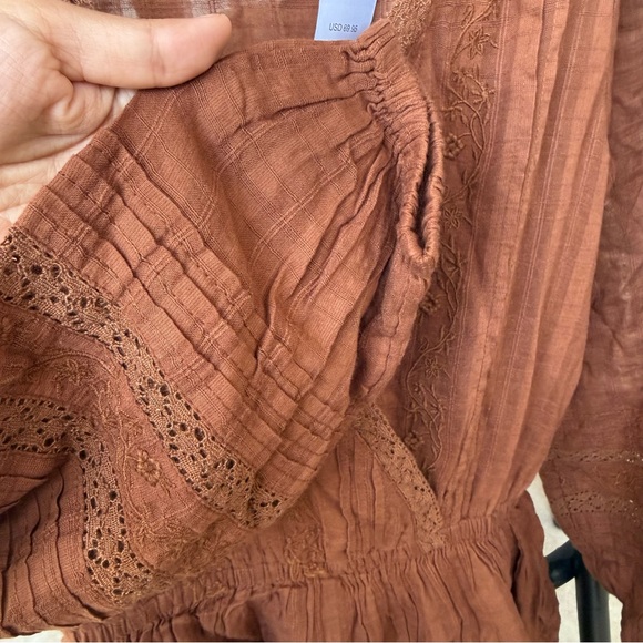 American Eagle Women's Brown Embroidered Wrap Front Mini Dress Boho Ruffle NWT - Picture 5 of 7